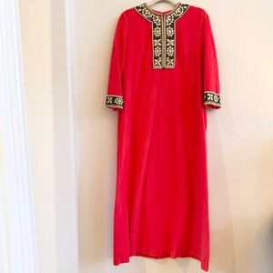 Vanity Fair Vintage 60s 70s Pink Red Velour Kaftan Maxi Nightgown Embroidered 12